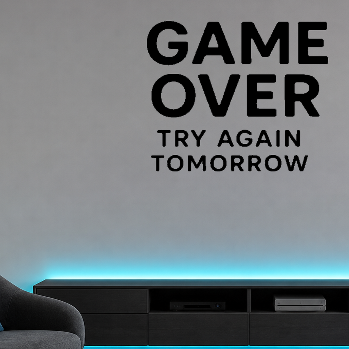 Game Over, Try Again Tomorrow - Funny Gamer Wall Decal Vinyl Sticker Removable shown as a removable vinyl wall decal in a category-appropriate room