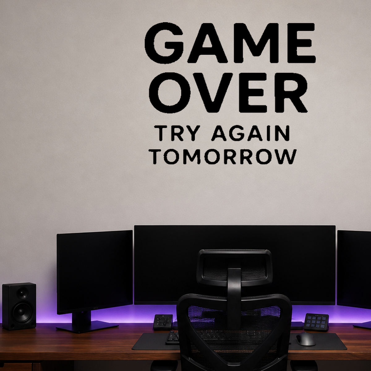 Game Over, Try Again Tomorrow - Funny Gamer Wall Decal Vinyl Sticker Removable shown as a removable vinyl wall decal in a second room setting