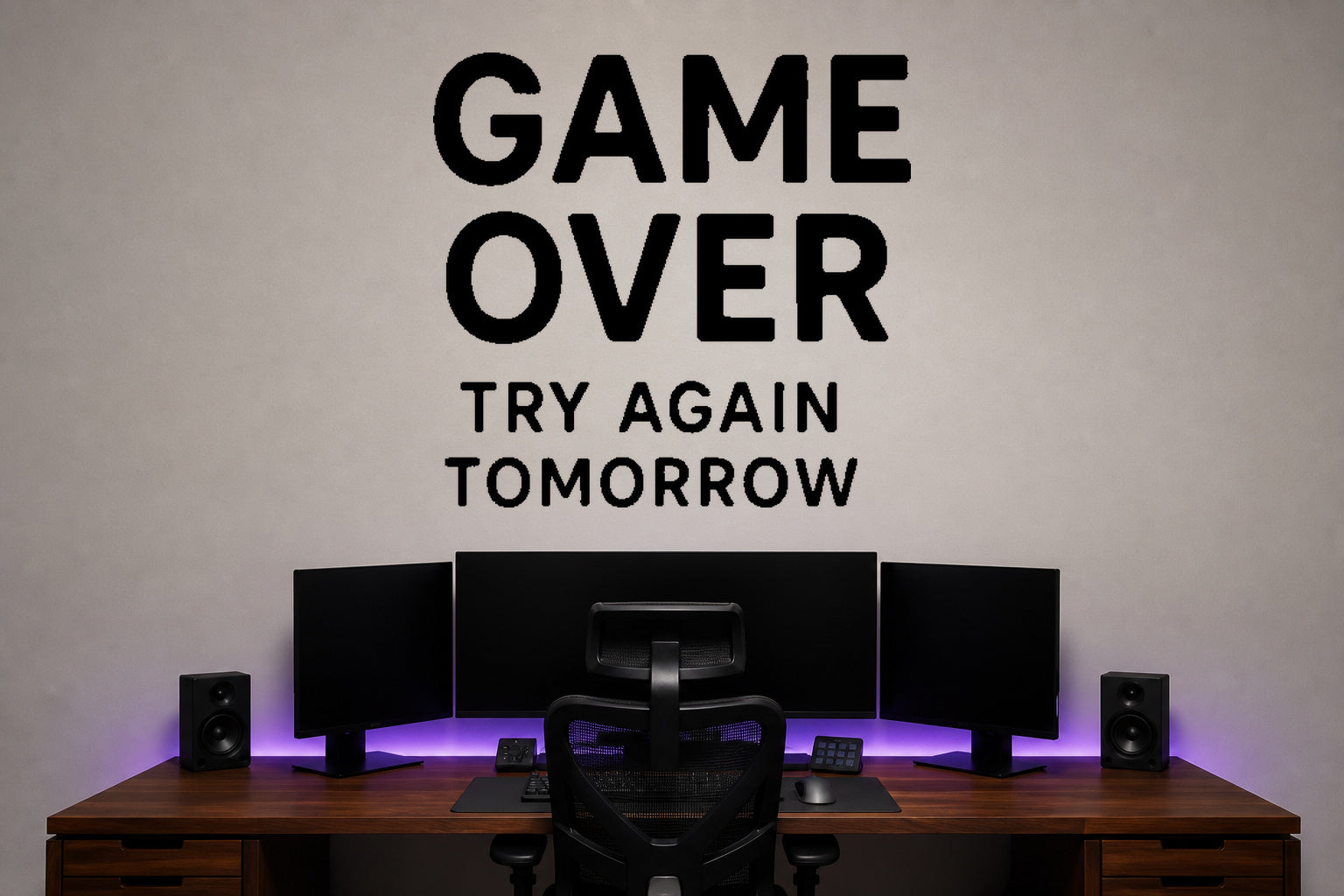 Game Over Try Again Tomorrow removable vinyl wall decal shown in a modern gaming lounge