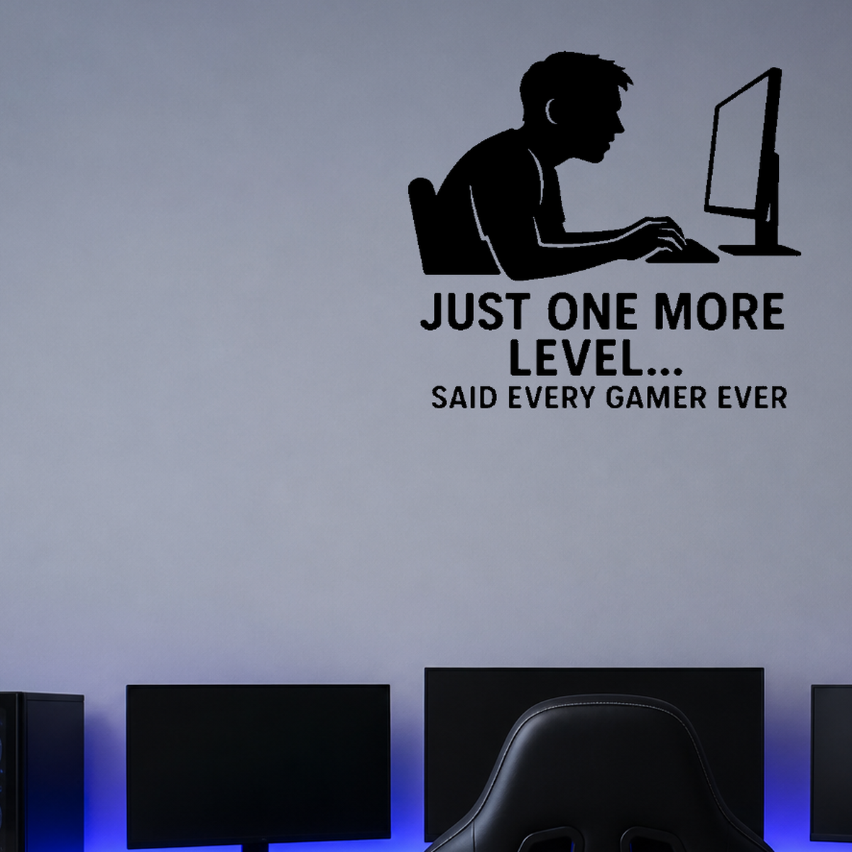 Just One More Level... Said Every Gamer Ever - Funny Wall Decal Vinyl Sticker Removable shown as a removable vinyl wall decal in a second room setting