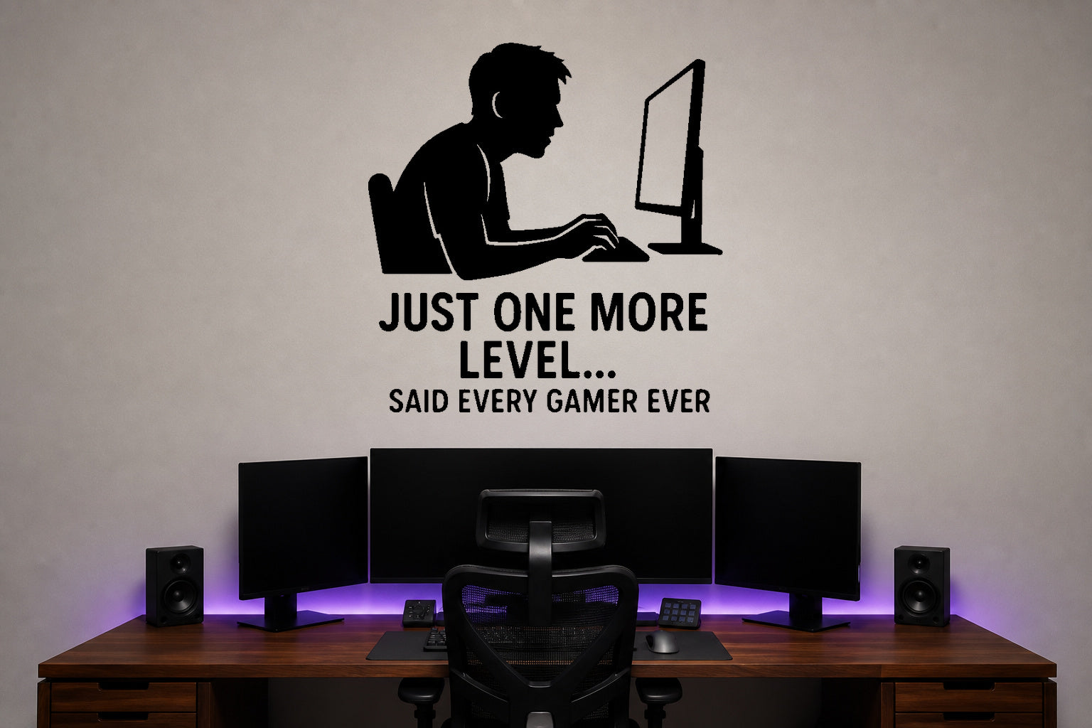 Just One More Level removable vinyl wall decal shown in a modern gaming lounge