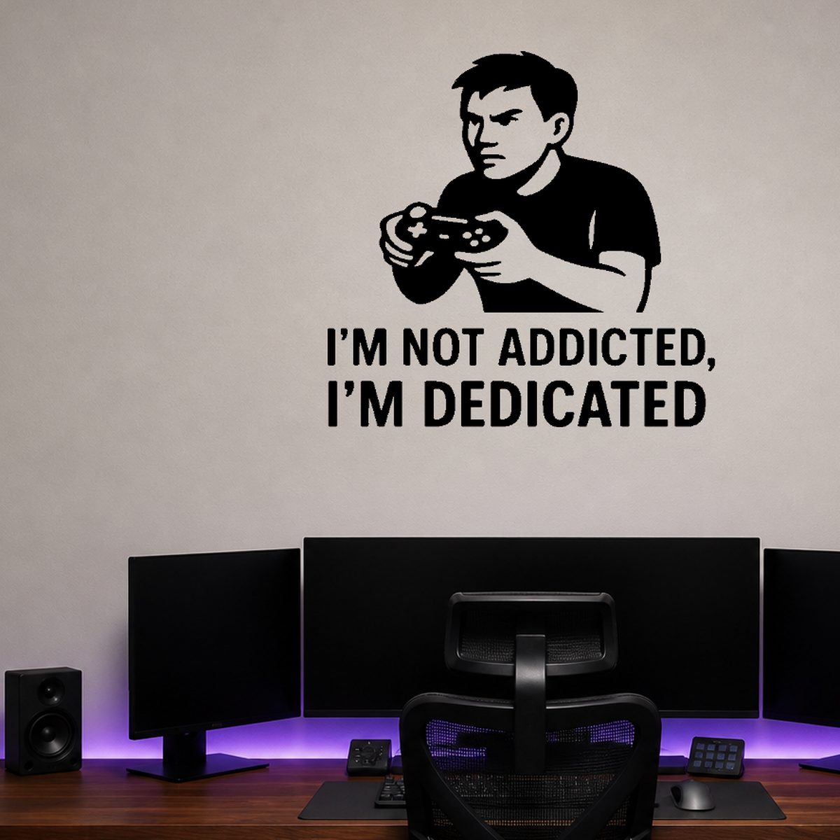 I'm Not Addicted, I'm Dedicated - Funny Gamer Wall Decal Vinyl Sticker Removable shown as a removable vinyl wall decal in a second room setting