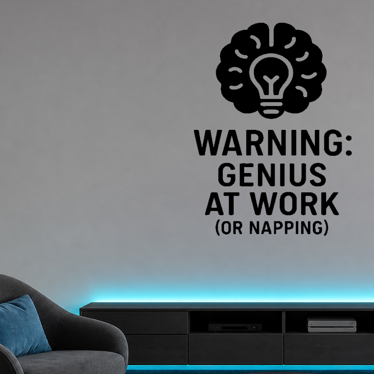 Warning: Genius at Work (or Napping) - Home Office Wall Decal Vinyl Sticker Removable shown as a removable vinyl wall decal in a category-appropriate room
