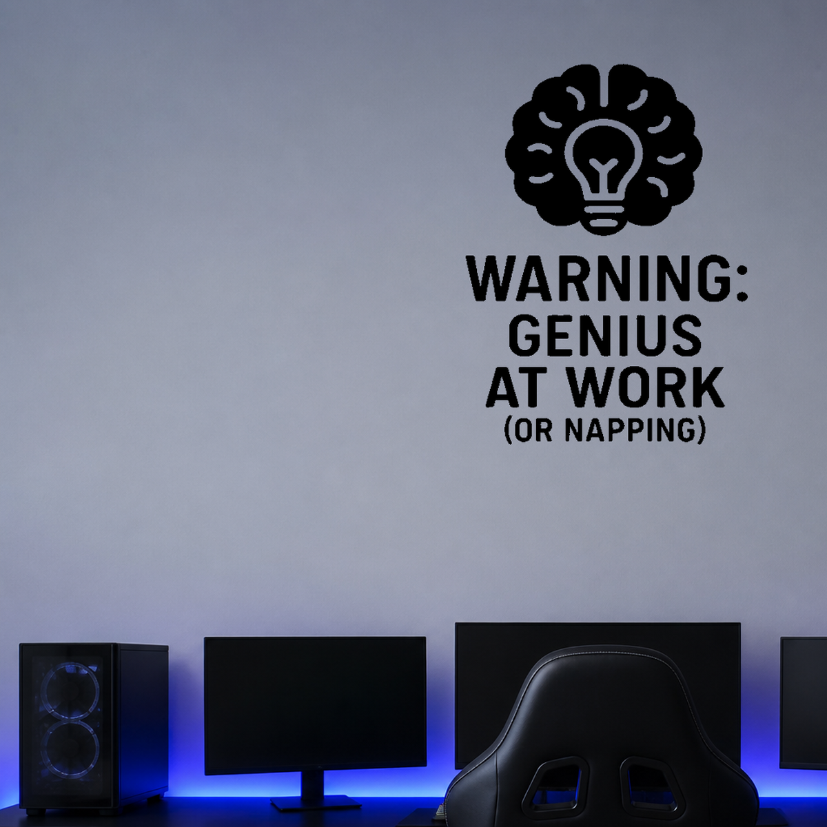 Warning: Genius at Work (or Napping) - Home Office Wall Decal Vinyl Sticker Removable shown as a removable vinyl wall decal in a second room setting
