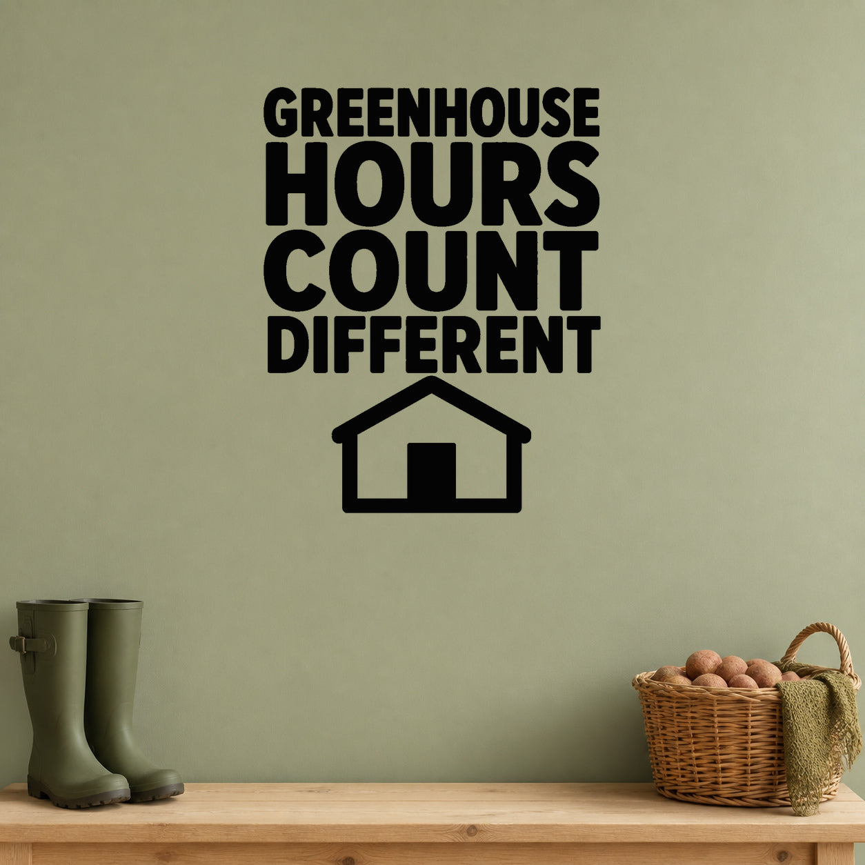 Alternate room view of the Greenhouse Hours Count Different removable vinyl wall decal.