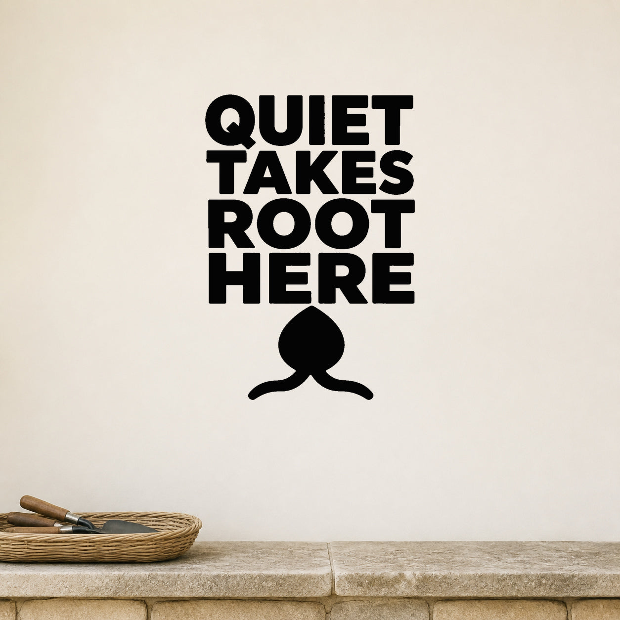 Alternate room view of the Quiet Takes Root Here removable vinyl wall decal.