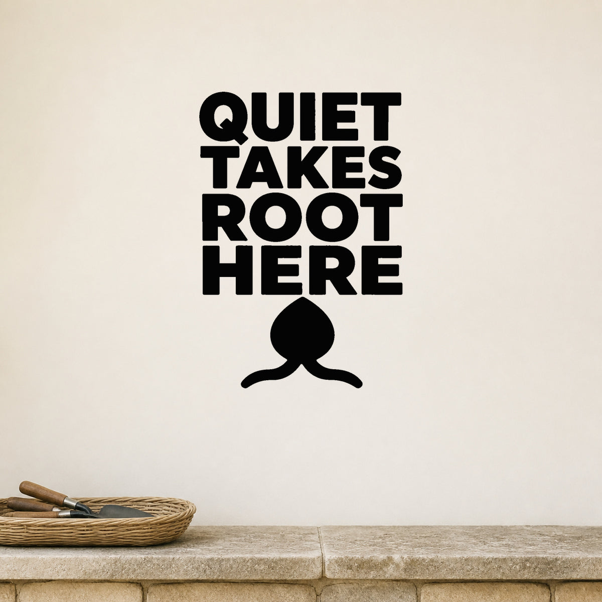 Alternate room view of the Quiet Takes Root Here removable vinyl wall decal.