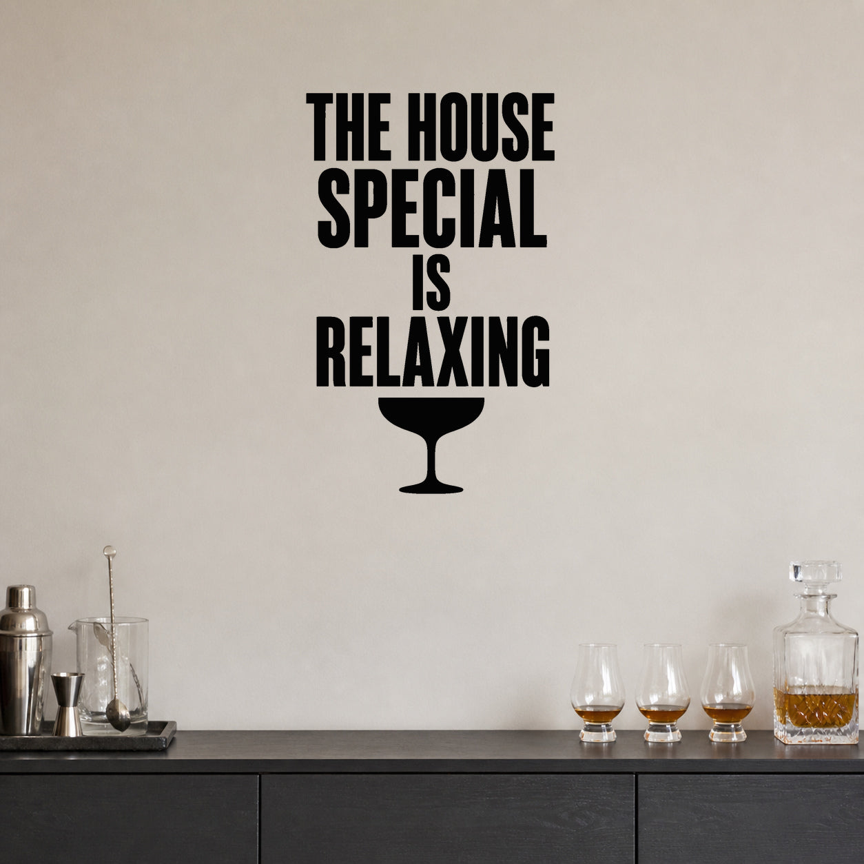 Alternate room view of the The House Special Is Relaxing removable vinyl wall decal.