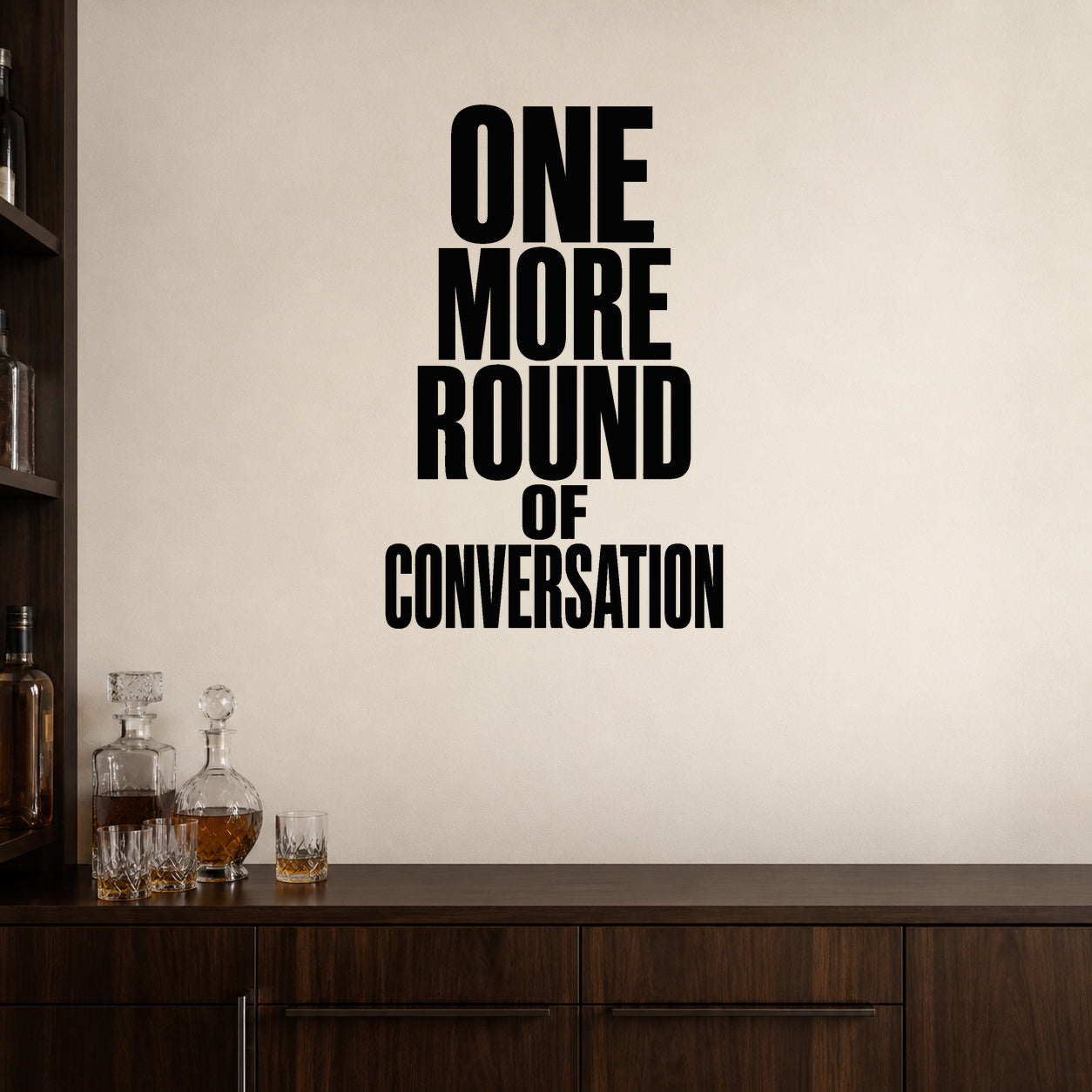 Alternate room view of the One More Round of Conversation removable vinyl wall decal.
