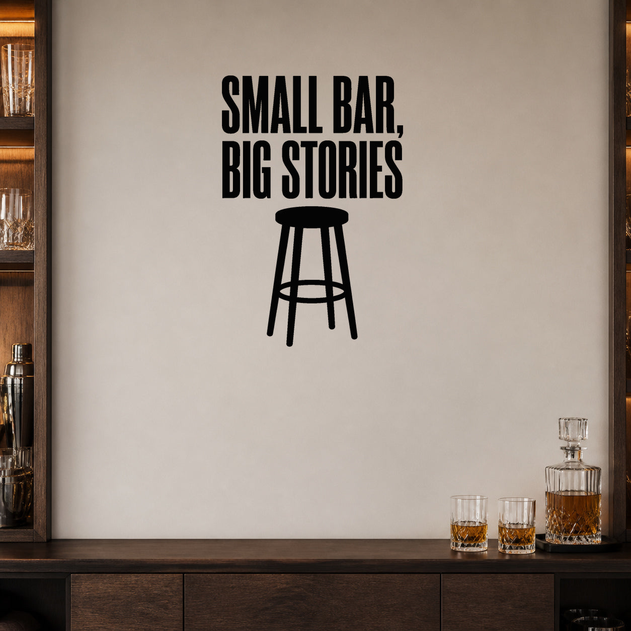 Alternate room view of the Small Bar, Big Stories removable vinyl wall decal.
