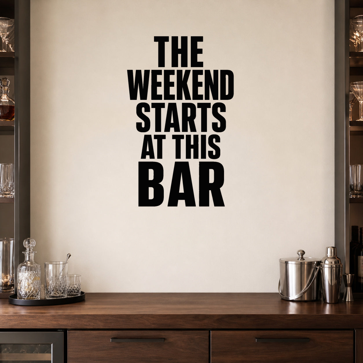 Alternate room view of the The Weekend Starts at This Bar removable vinyl wall decal.