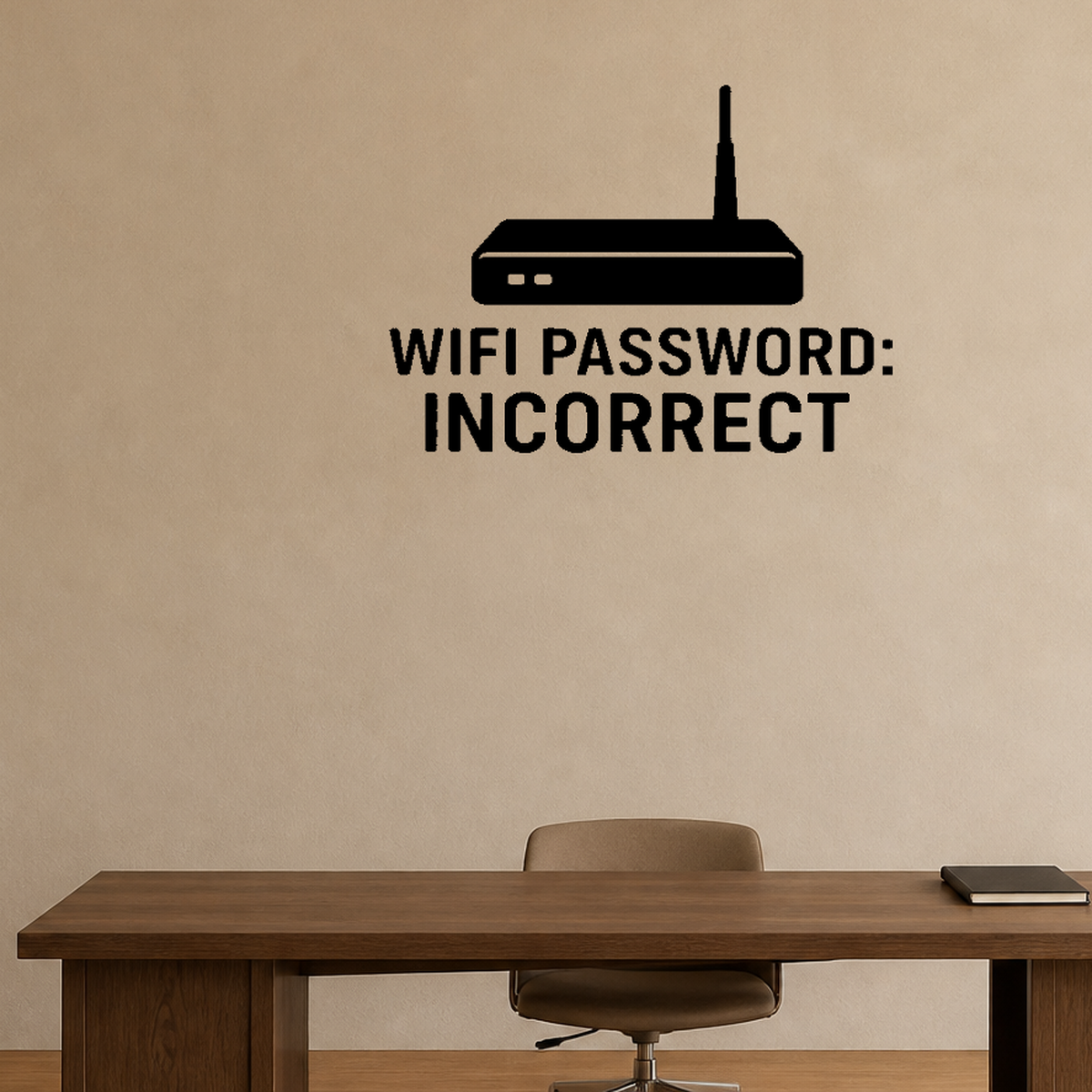 WiFi Password: Incorrect - Internet Router Wall Decal Vinyl Sticker Removable shown as a removable vinyl wall decal in a second room setting