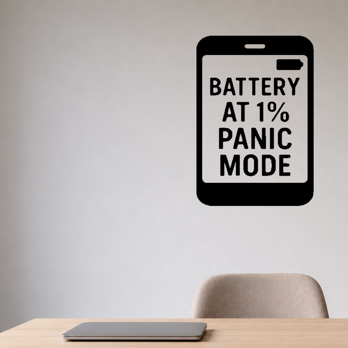 Battery At 1% Panic Mode - Smartphone Anxiety Wall Decal Vinyl Sticker Removable shown as a removable vinyl wall decal in a second room setting
