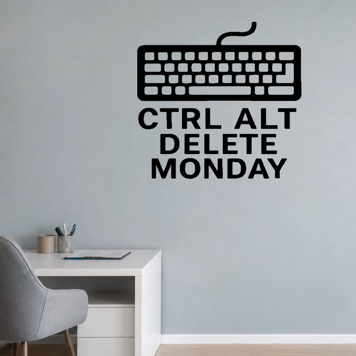 Ctrl Alt Delete Monday keyboard wall decal shown in a second office
