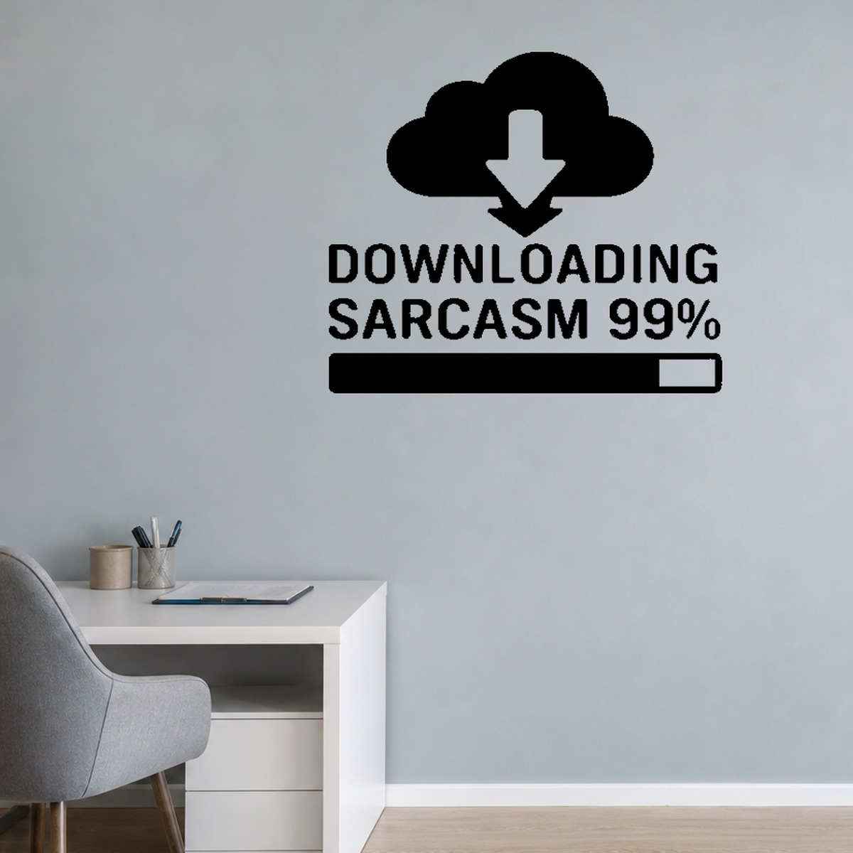 Downloading Sarcasm 99% - Cloud Download Wall Decal Vinyl Sticker Removable shown as a removable vinyl wall decal in a second room setting