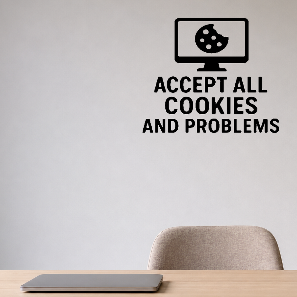 Accept All Cookies And Problems - Internet Cookie Wall Decal Vinyl Sticker Removable shown as a removable vinyl wall decal in a second room setting