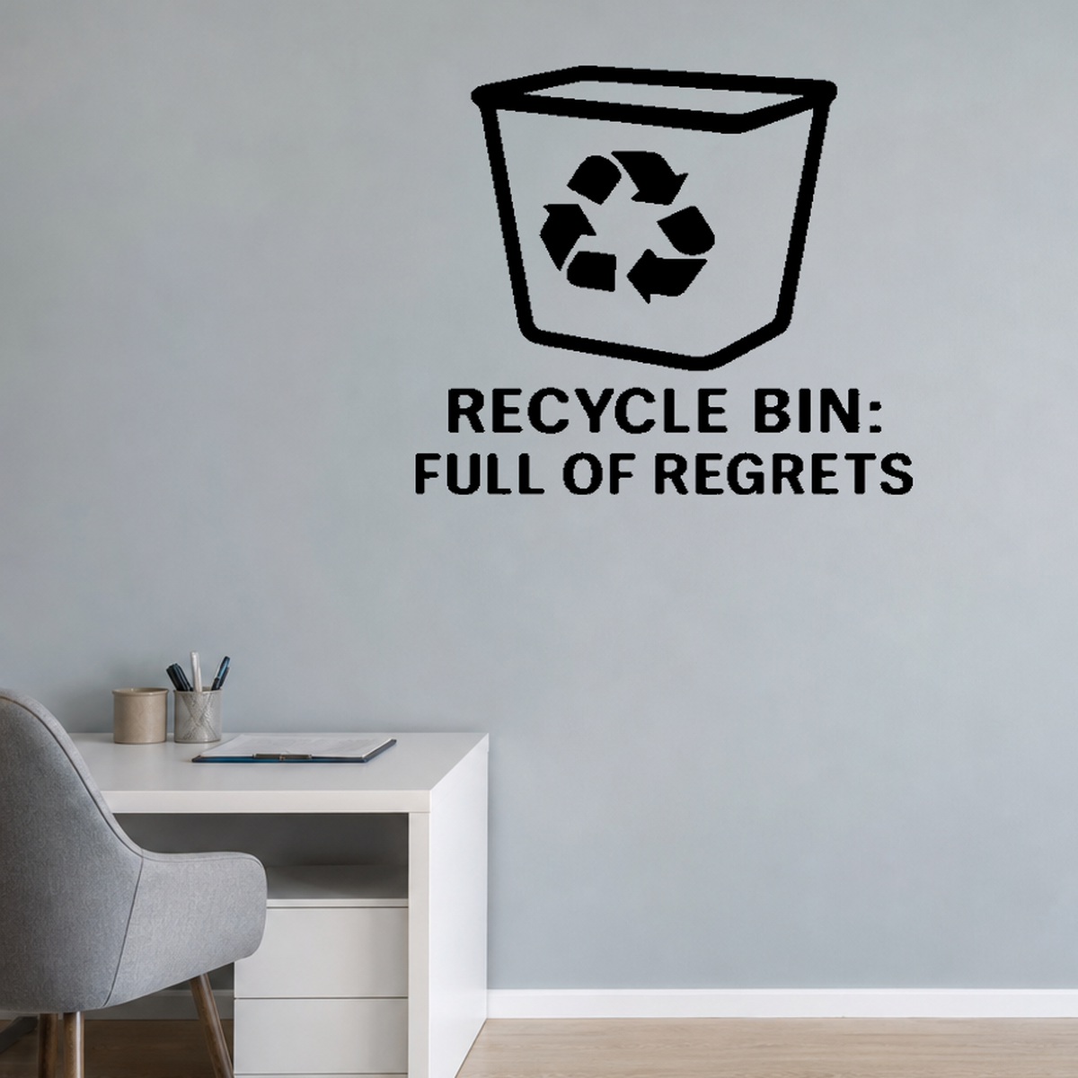 Recycle Bin: Full Of Regrets - Computer Desktop Wall Decal Vinyl Sticker Removable shown as a removable vinyl wall decal in a second room setting