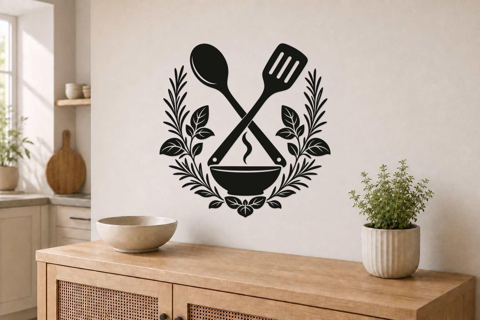 Exact botanical kitchen utensil black vinyl wall decal with crossed spoon, spatula, herb wreath, steaming bowl, and leaf ornament above a pale oak console.