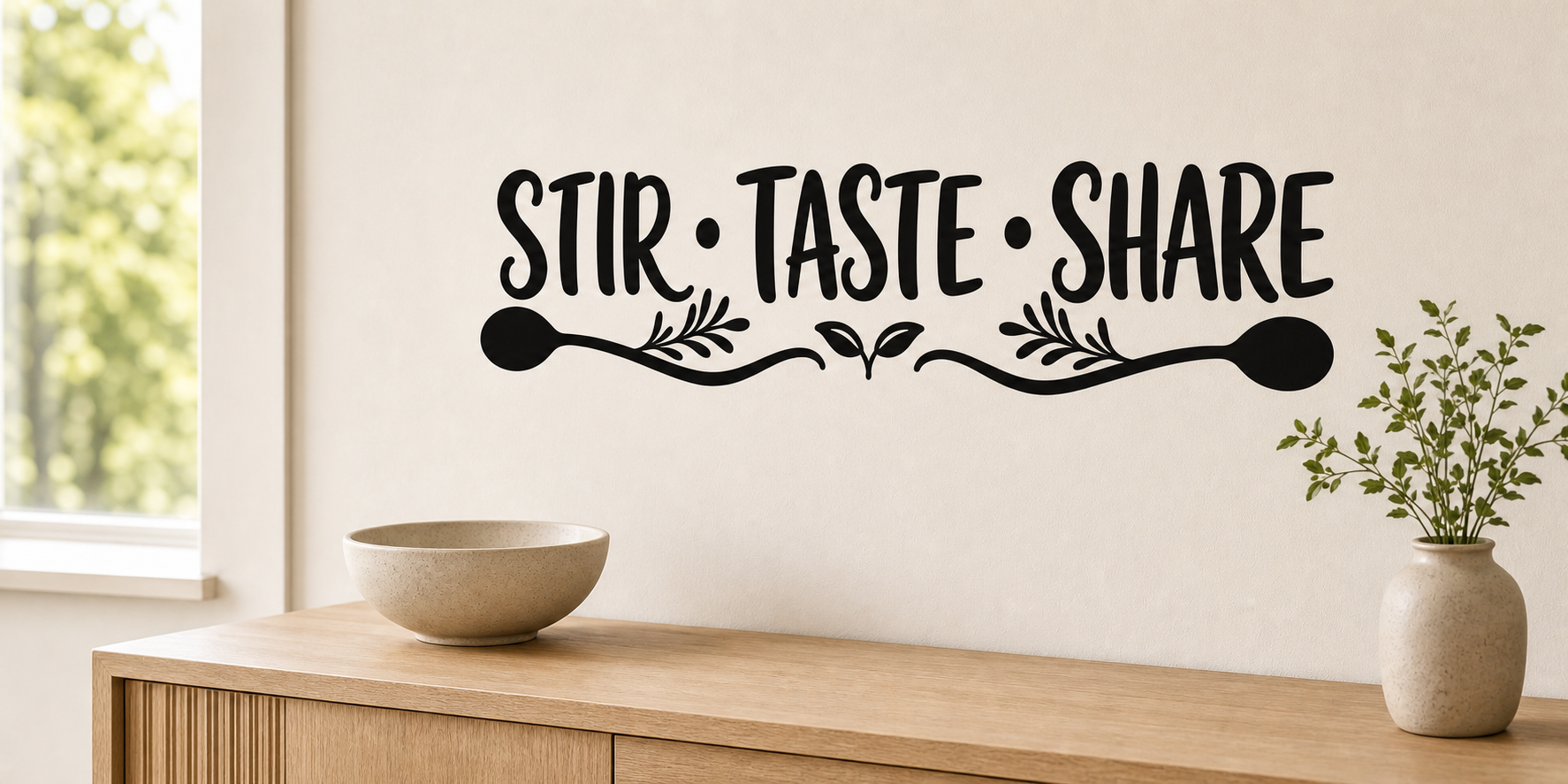 STIR TASTE SHARE black vinyl kitchen wall decal with spoon and herb flourishes above a pale oak console.