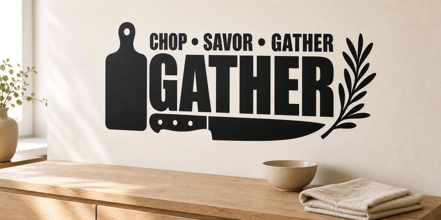 CHOP SAVOR GATHER black vinyl kitchen wall decal with cutting board, chef knife, and herb sprig above a pale oak console.