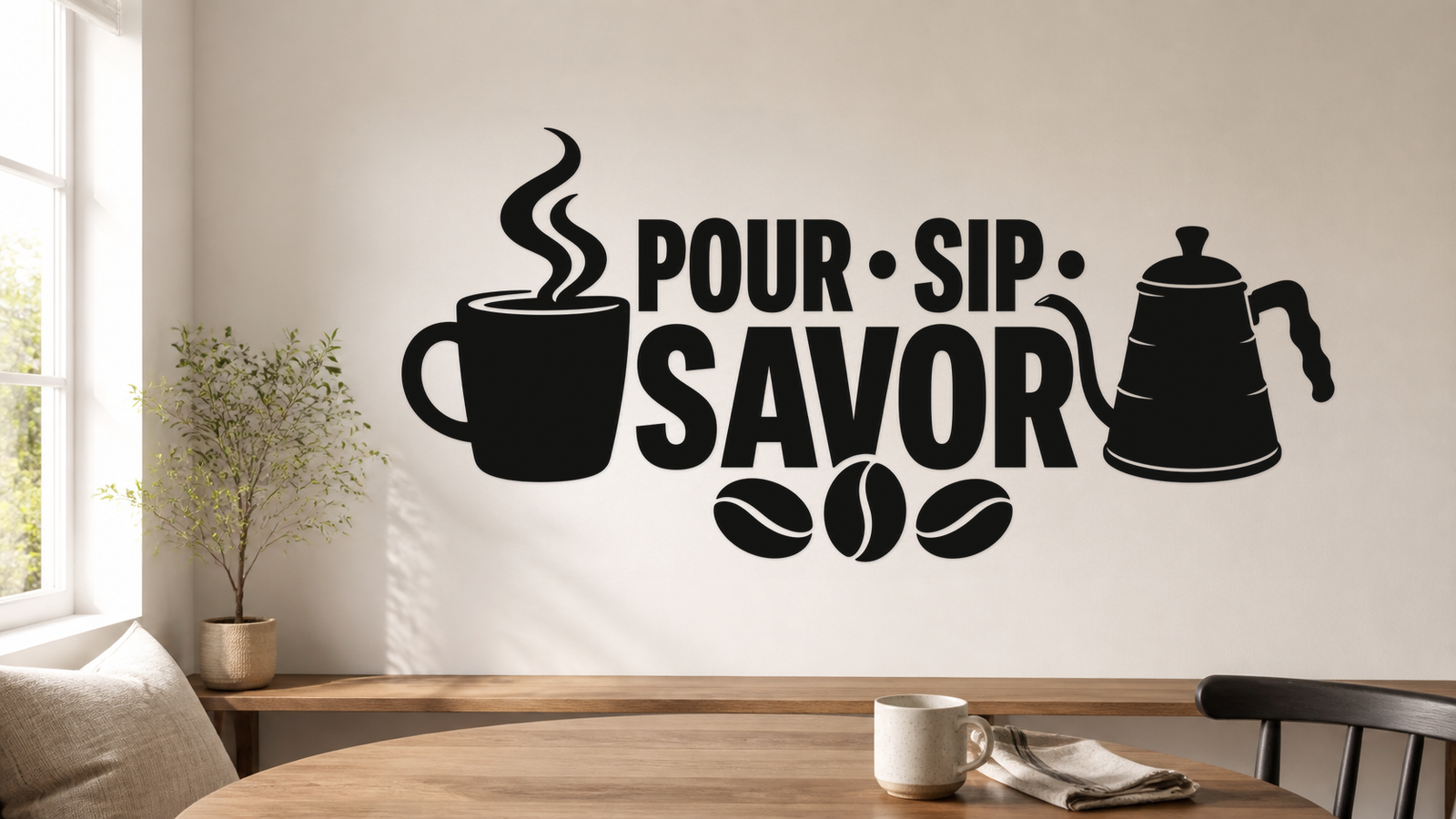 Exact black POUR SIP SAVOR coffee wall decal with mug, kettle, and beans in a bright breakfast nook.