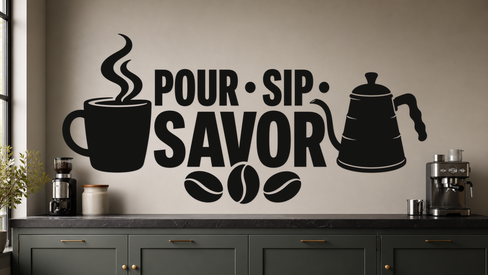 Exact black POUR SIP SAVOR coffee wall decal with steaming mug, pour-over kettle, and coffee beans on a greige coffee-bar wall.