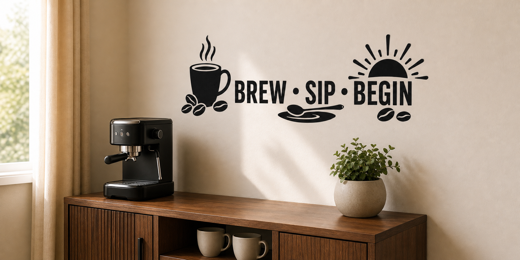Brew Sip Begin black vinyl coffee bar wall decal above a walnut espresso station in warm morning light.
