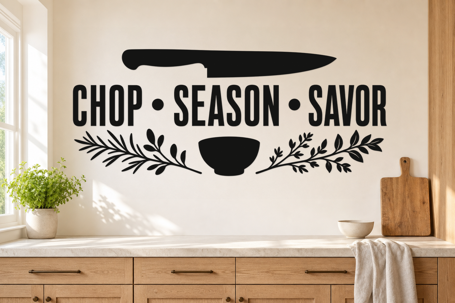 CHOP SEASON SAVOR black kitchen wall decal with chef's knife, herb sprigs, and seasoning bowl above an oak prep counter.