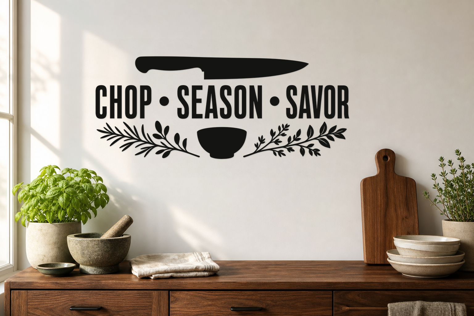 Exact CHOP SEASON SAVOR matte black vinyl kitchen decal above a walnut home chef prep station.