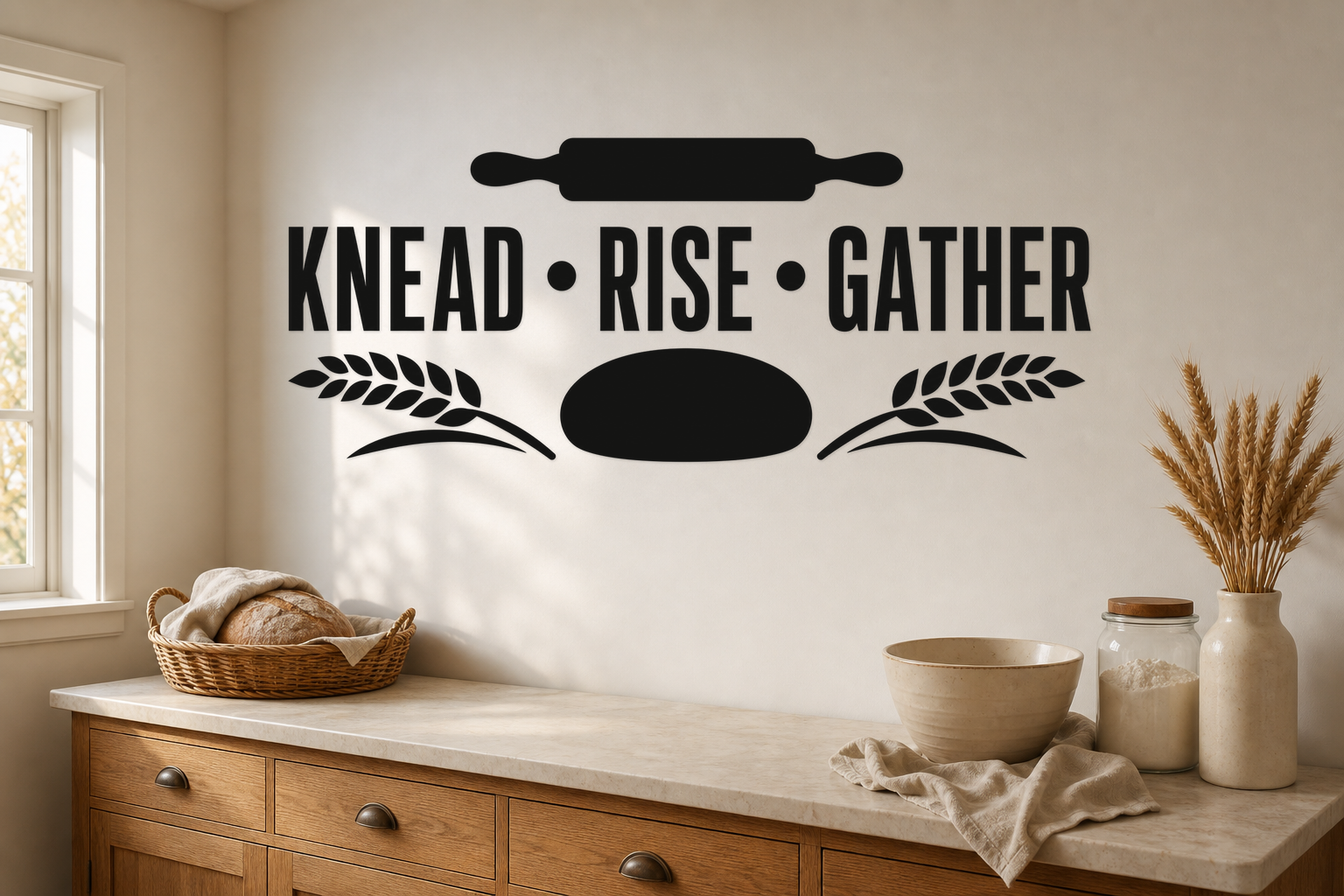 Exact KNEAD RISE GATHER matte black kitchen decal above a home bread-baking pantry station.