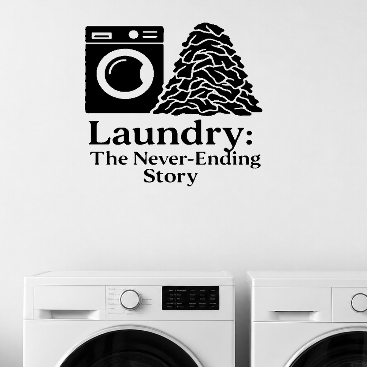 Laundry: The Never-Ending Story - Funny Laundry Room Wall Decal Vinyl Sticker Removable shown as a removable vinyl wall decal in a category-appropriate room