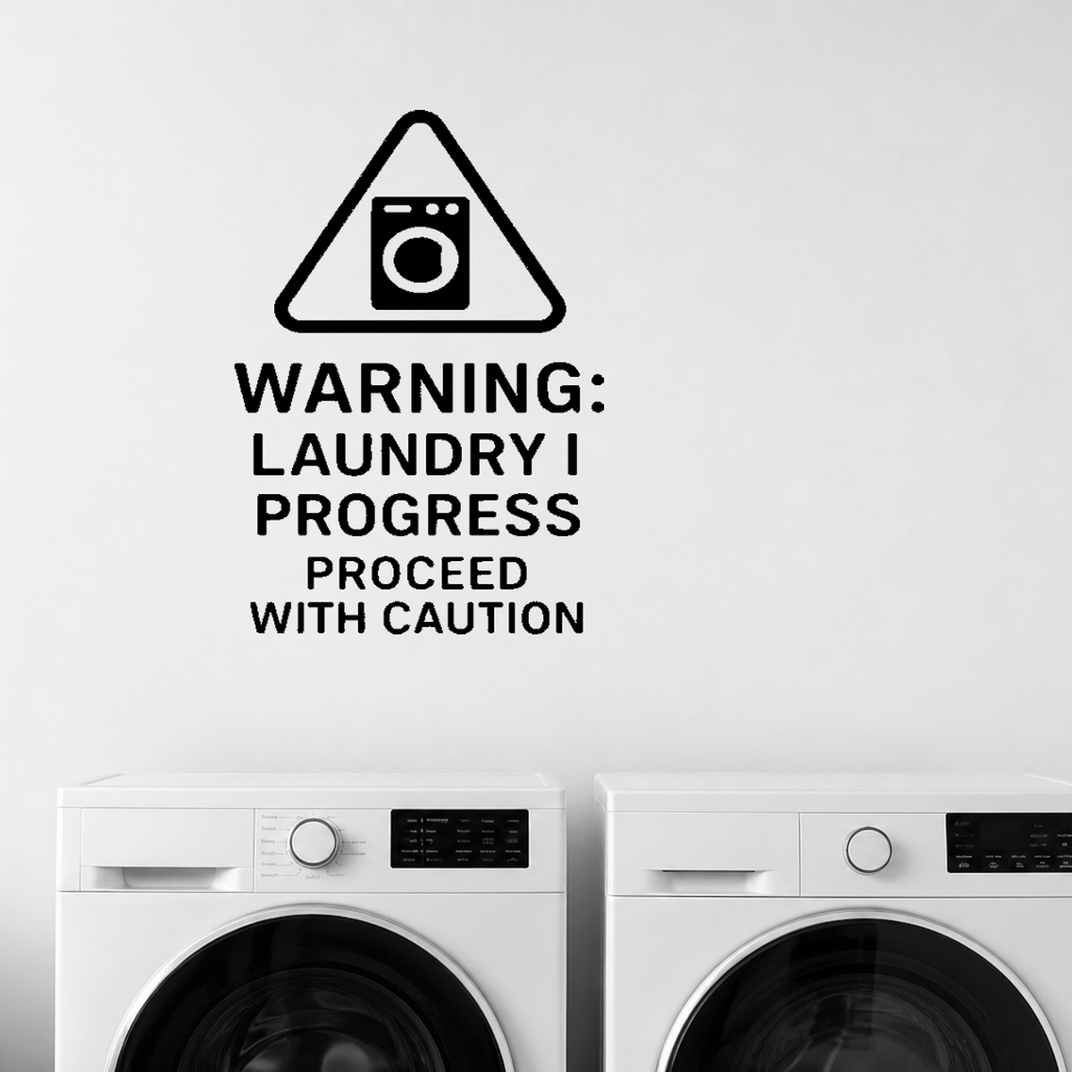 Warning: Laundry In Progress, Proceed With Caution - Funny Laundry Room Wall Decal Vinyl Sticker Removable shown as a removable vinyl wall decal in a second room setting