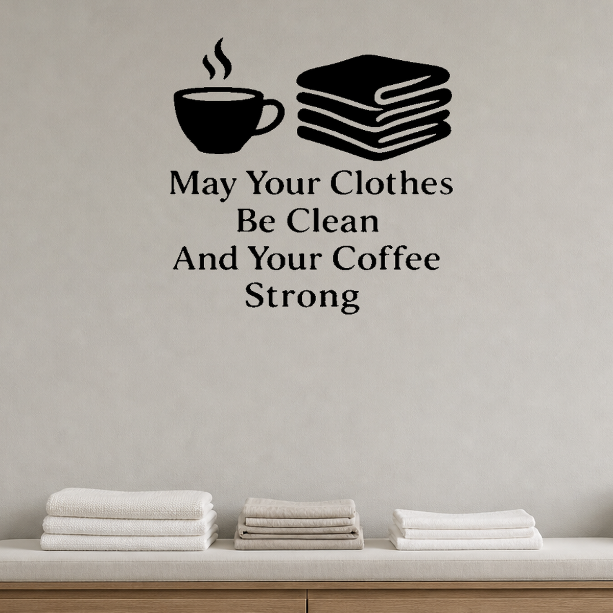 May Your Clothes Be Clean And Your Coffee Strong - Funny Laundry Room Wall Decal Vinyl Sticker Removable shown as a removable vinyl wall decal in a second room setting