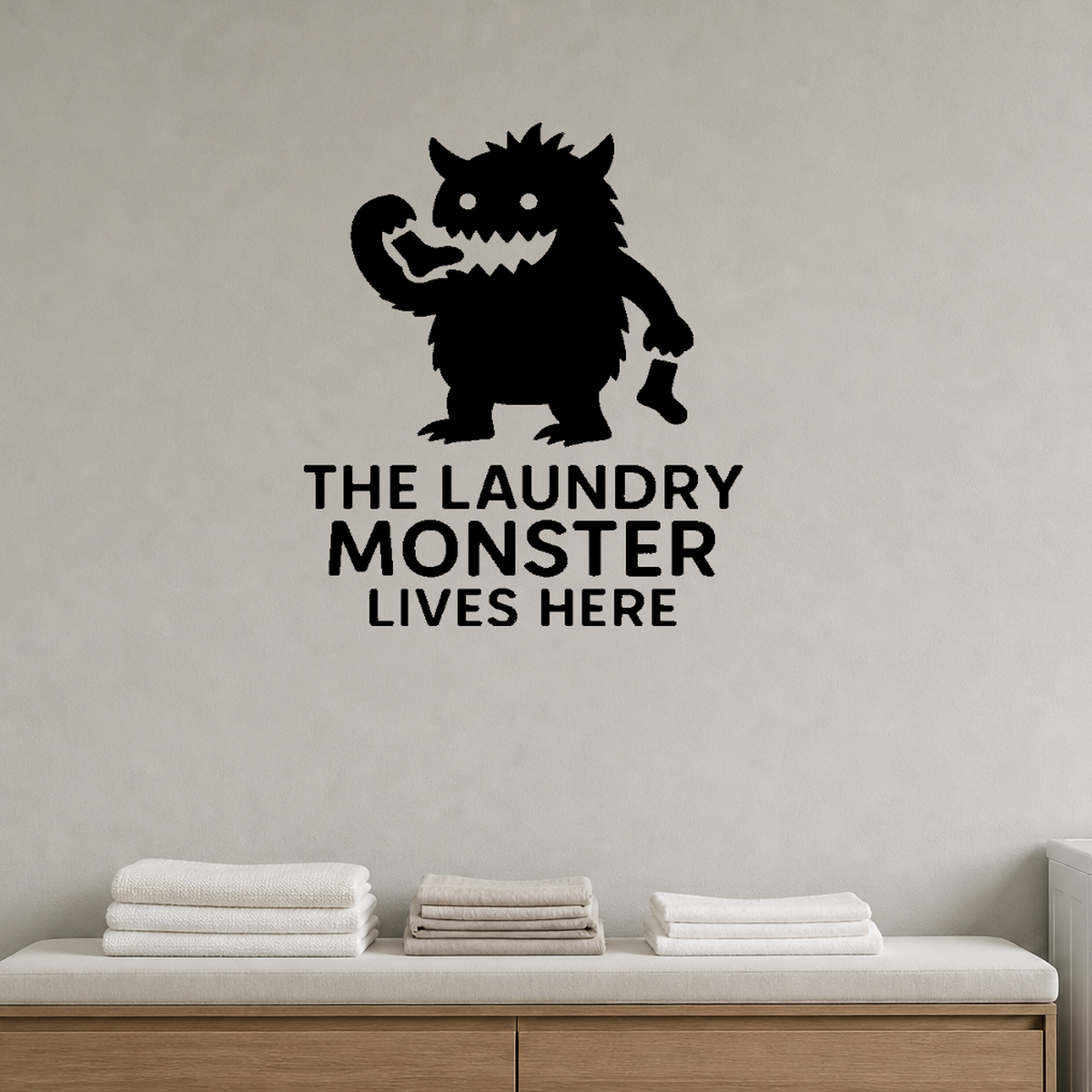 The Laundry Monster Lives Here - Funny Laundry Room removable vinyl wall decal shown in an alternate room setting
