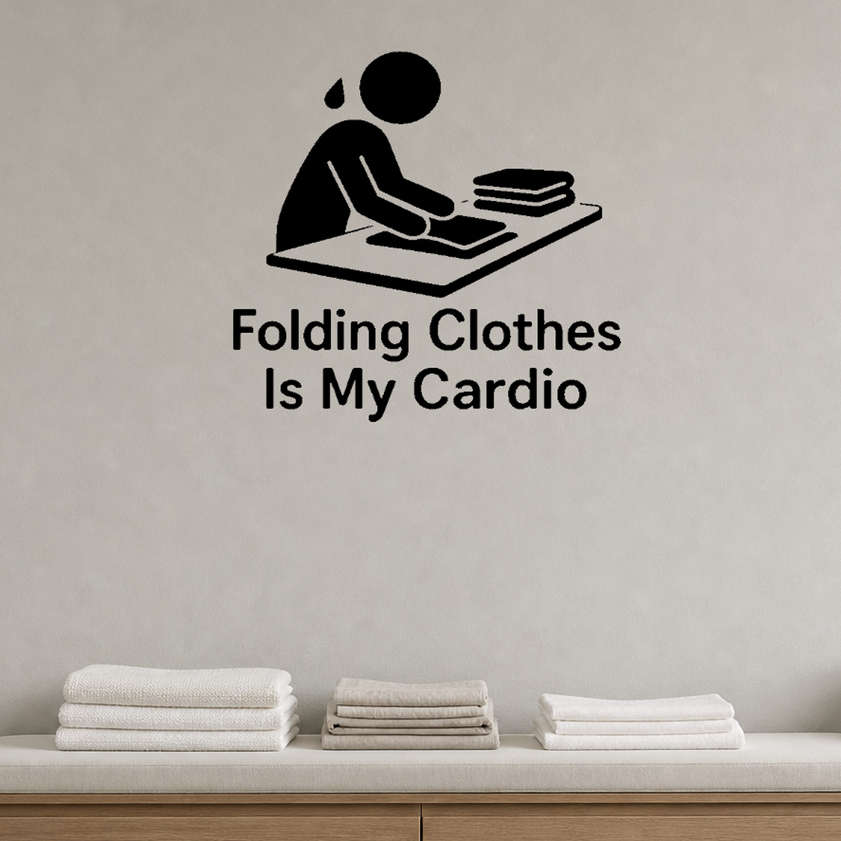 Folding Clothes Is My Cardio - Funny Laundry Room Wall Decal Vinyl Sticker Removable shown as a removable vinyl wall decal in a second room setting