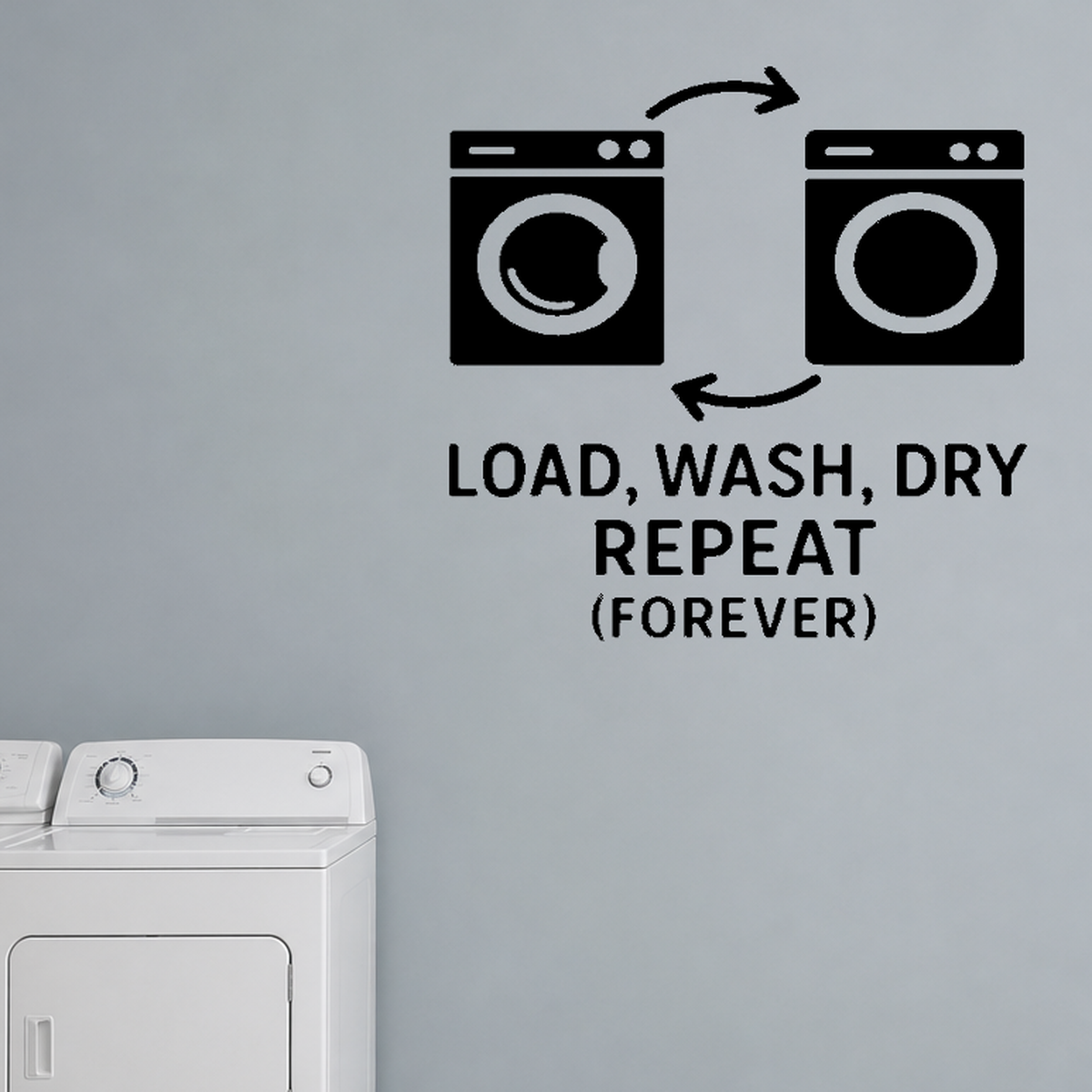 Load, Wash, Dry, Repeat (Forever) - Funny Laundry Room Wall Decal Vinyl Sticker Removable shown as a removable vinyl wall decal in a category-appropriate room