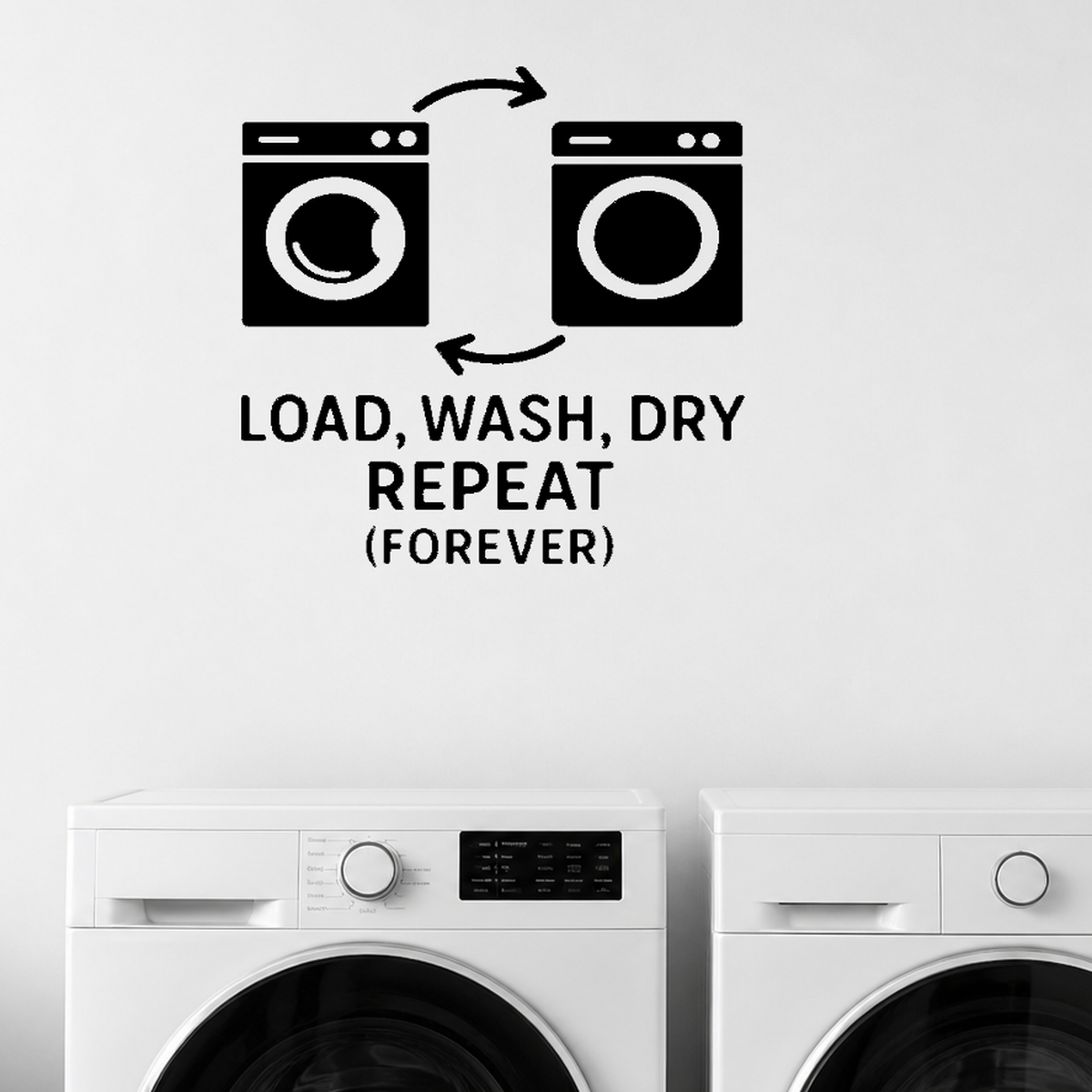 Load, Wash, Dry, Repeat (Forever) - Funny Laundry Room Wall Decal Vinyl Sticker Removable shown as a removable vinyl wall decal in a second room setting