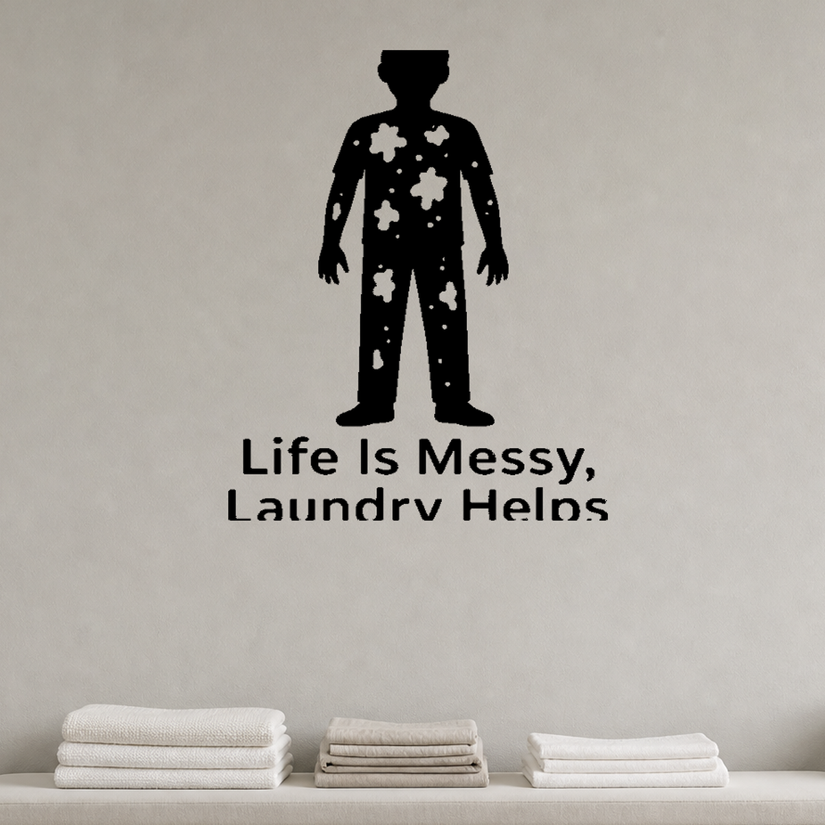 Life Is Messy, Laundry Helps - Funny Laundry Room Wall Decal Vinyl Sticker Removable shown as a removable vinyl wall decal in a category-appropriate room