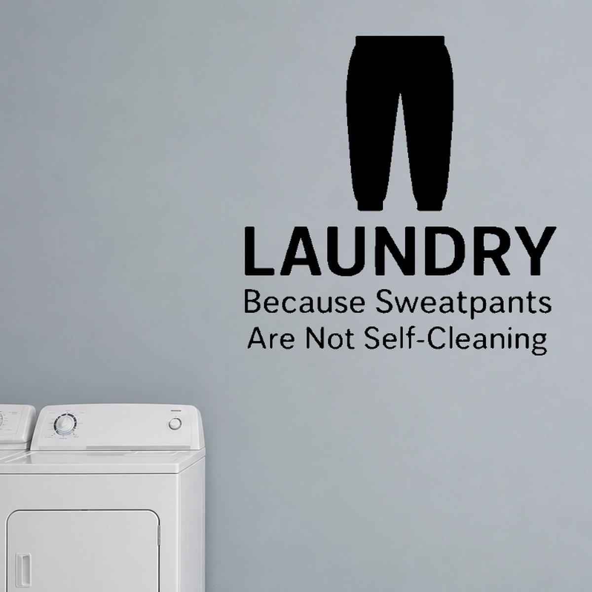 Laundry: Because Sweatpants Are Not Self-Cleaning - Funny Laundry Room Wall Decal Vinyl Sticker Removable shown as a removable vinyl wall decal in a category-appropriate room