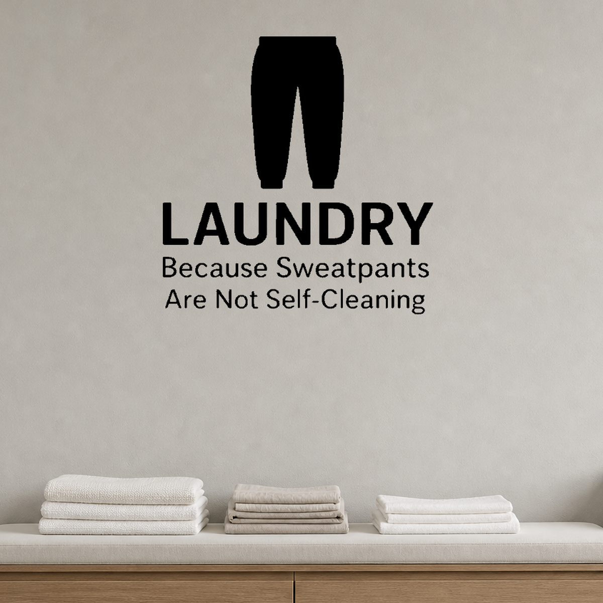 Laundry: Because Sweatpants Are Not Self-Cleaning - Funny Laundry Room Wall Decal Vinyl Sticker Removable shown as a removable vinyl wall decal in a second room setting