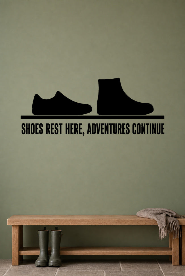 Alternate room view of the Shoes Rest Here, Adventures Continue removable vinyl wall decal.