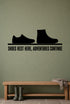 Alternate room view of the Shoes Rest Here, Adventures Continue removable vinyl wall decal.