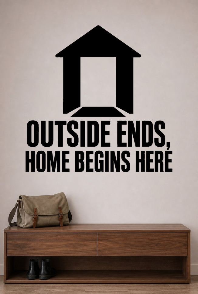 Alternate room view of the Outside Ends, Home Begins Here removable vinyl wall decal.