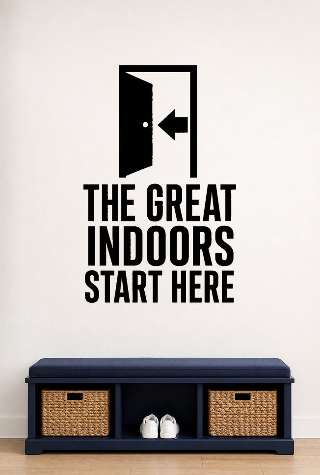 Alternate room view of the The Great Indoors Start Here removable vinyl wall decal.