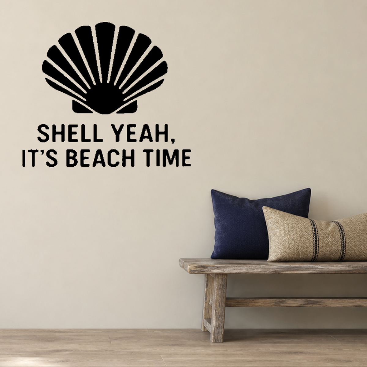 Shell Yeah, It's Beach Time - Funny Ocean Wall Decal Vinyl Sticker Removable shown as a removable vinyl wall decal in a second room setting