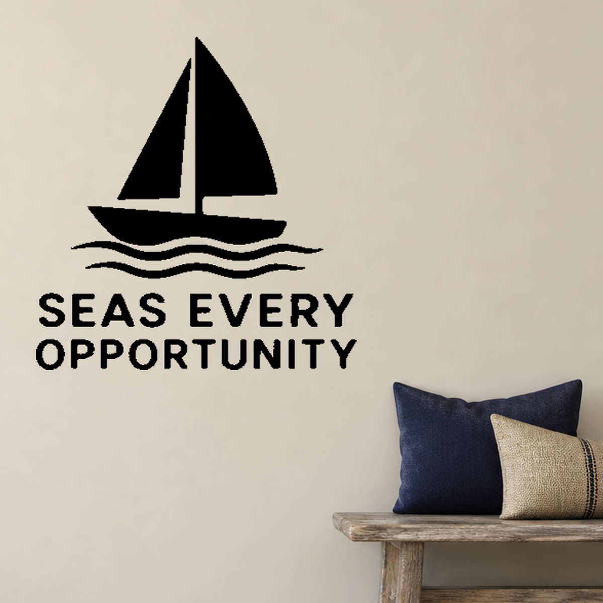 Seas Every Opportunity - Funny Ocean Wall Decal Vinyl Sticker Removable shown as a removable vinyl wall decal in a category-appropriate room
