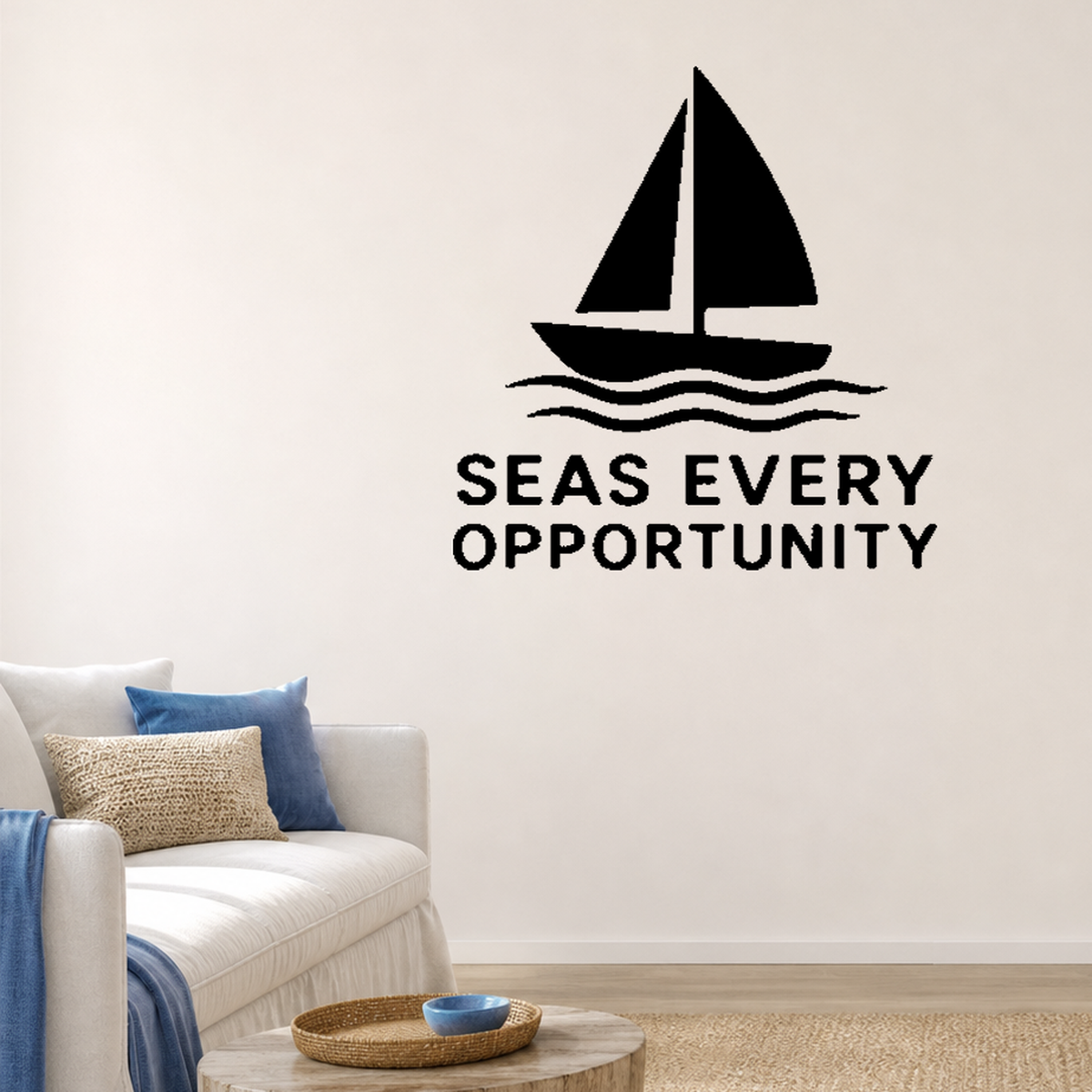Seas Every Opportunity - Funny Ocean Wall Decal Vinyl Sticker Removable shown as a removable vinyl wall decal in a second room setting
