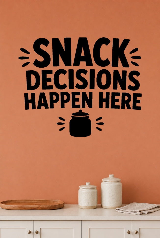 Alternate room view of the Snack Decisions Happen Here removable vinyl wall decal.