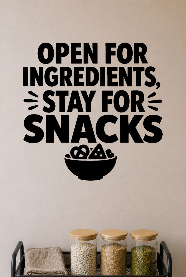 Alternate room view of the Open For Ingredients, Stay For Snacks removable vinyl wall decal.