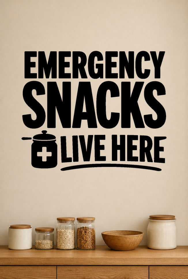 Alternate room view of the Emergency Snacks Live Here removable vinyl wall decal.